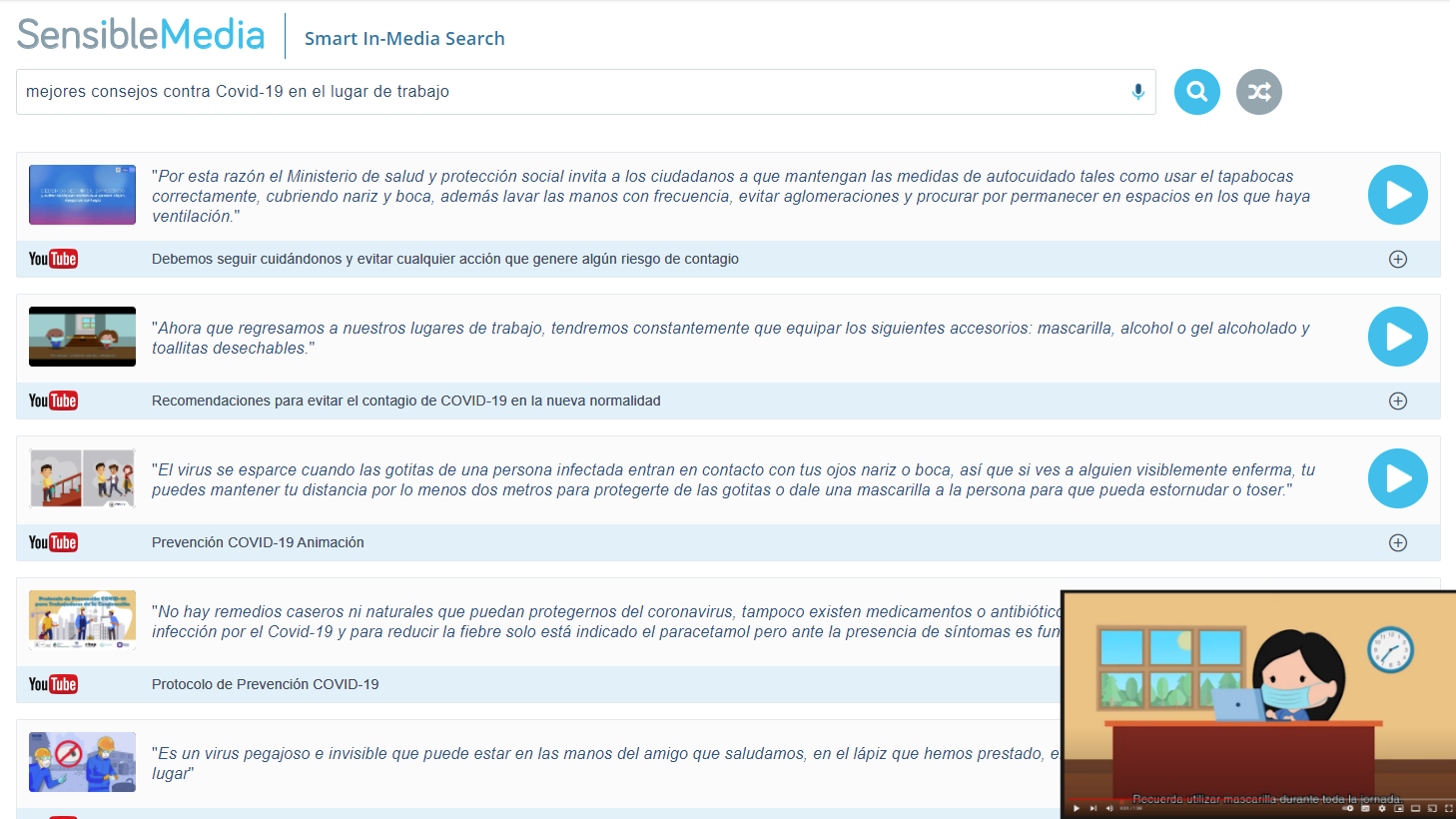 Using SensibleMedia to find safety recommendations against Covid-19 in the workplace.