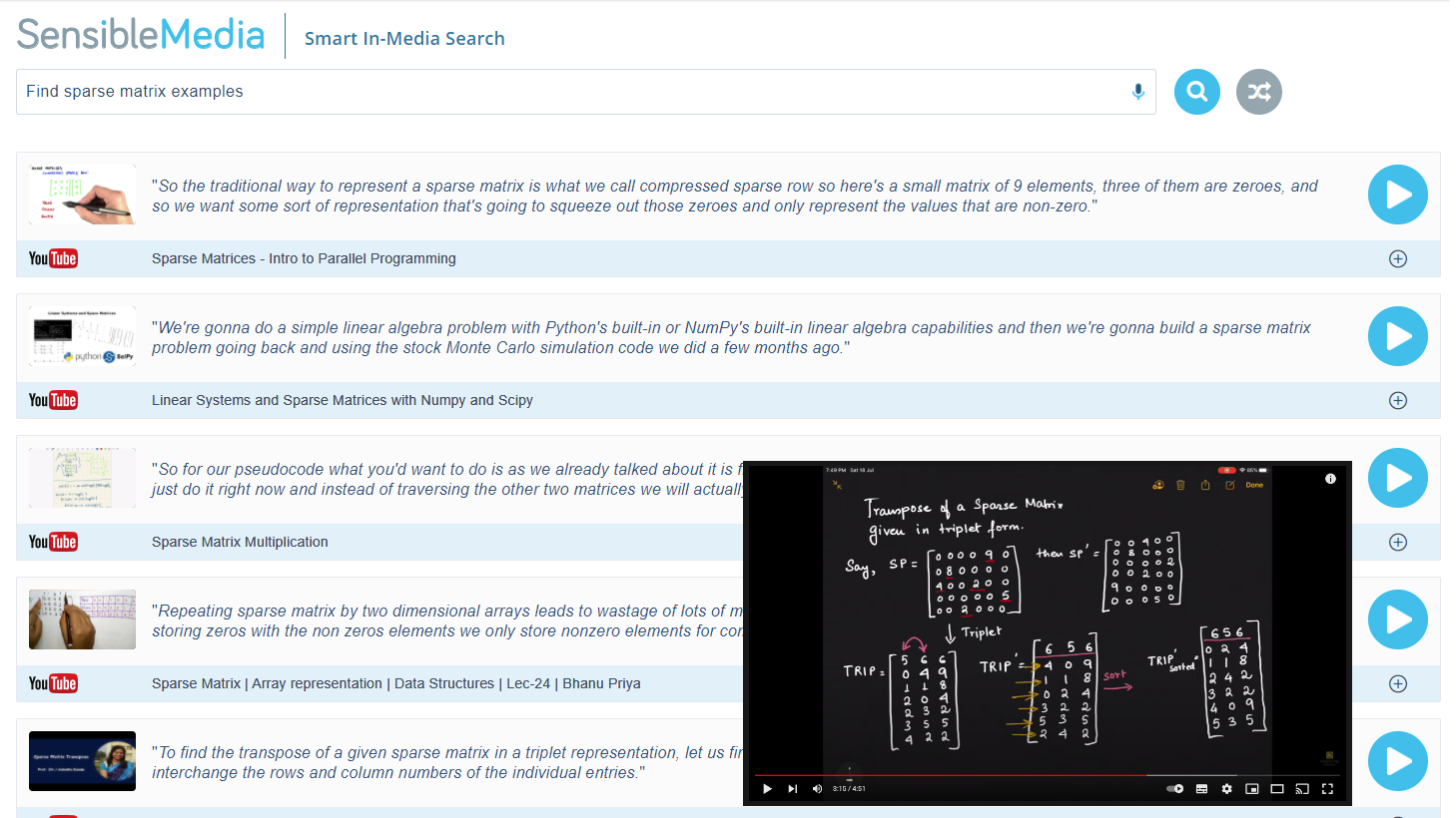 Using SensibleMedia to find examples of sparse matrices manipulation from tutorial videos.