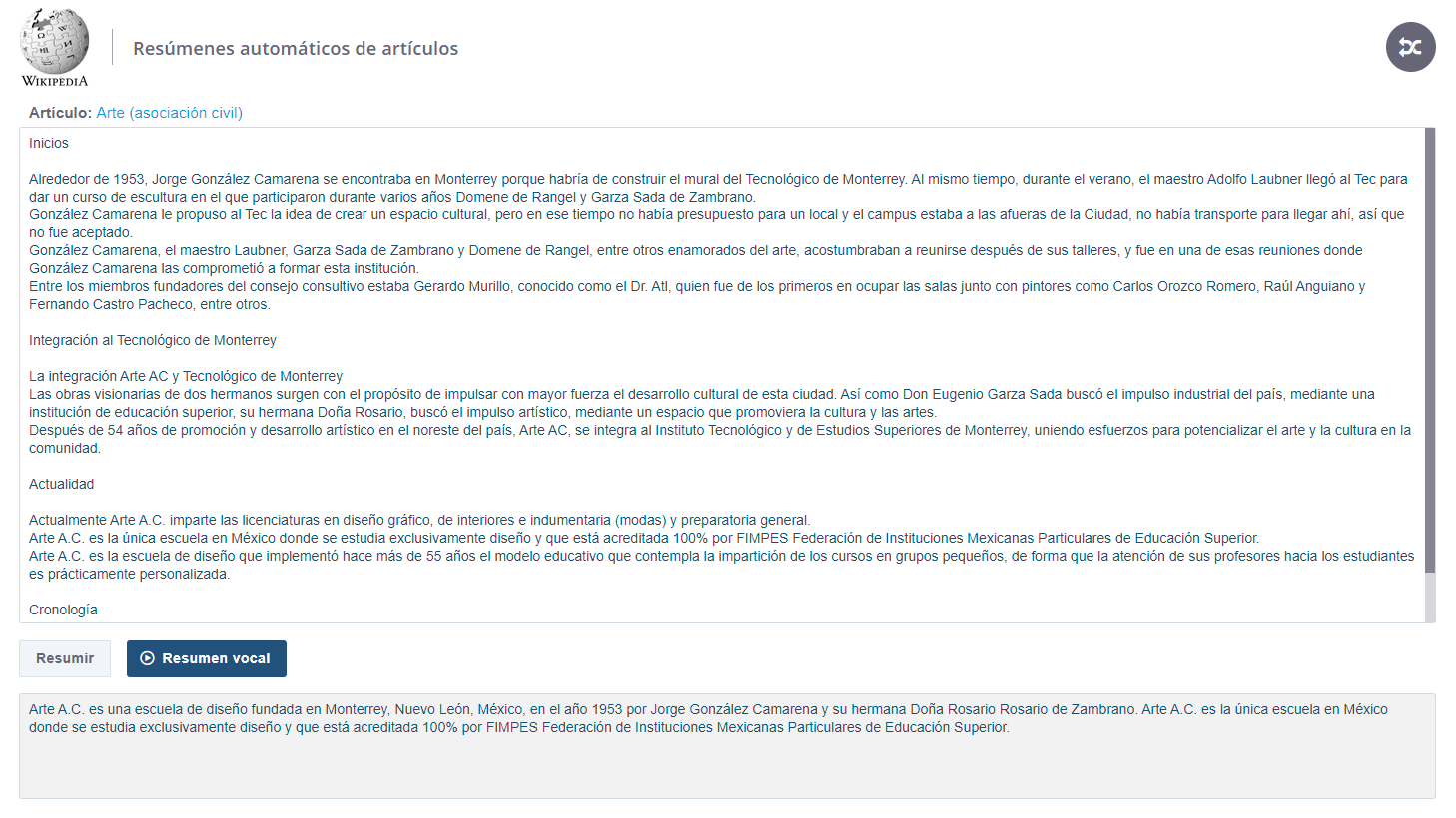 Wikipedia Spanish - Text and vocal summaries of Wikipedia articles in Spanish.